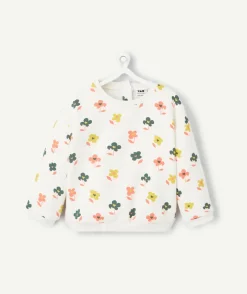 Sweat manches longues bébé fille en fibres recyclées écru imprimé fleurs