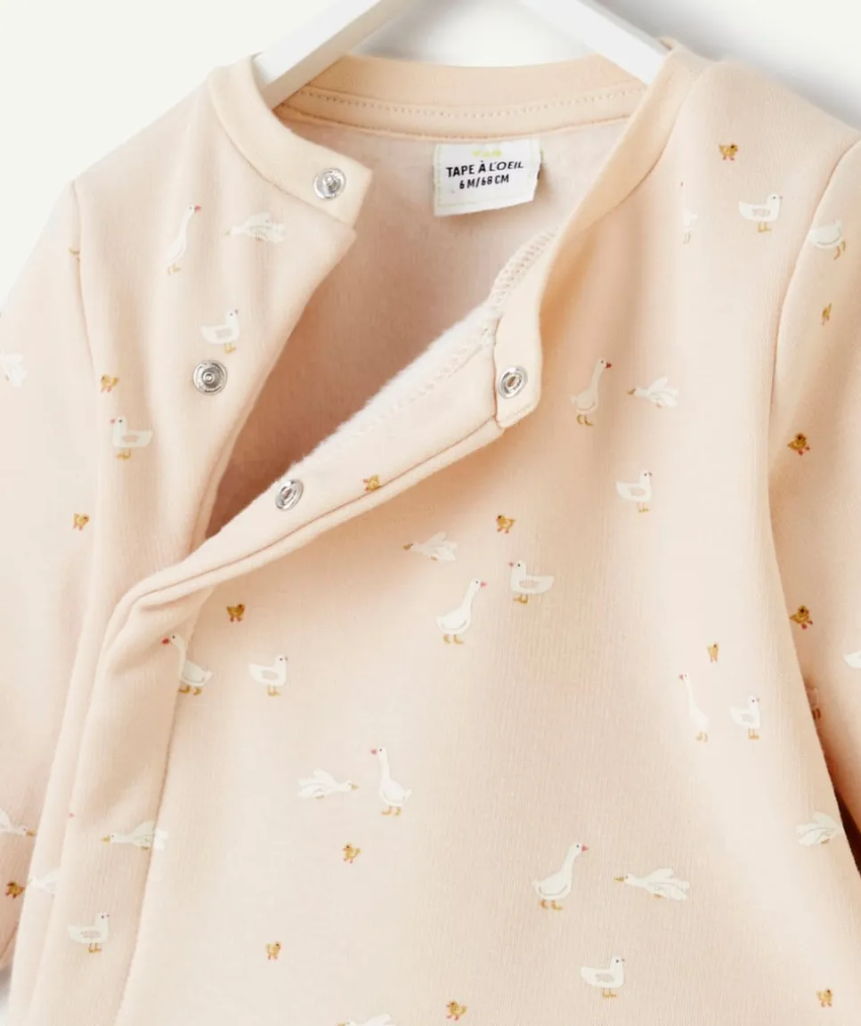 Sweat pressionné naissance en fibres recyclées rose poudré imprimé oies