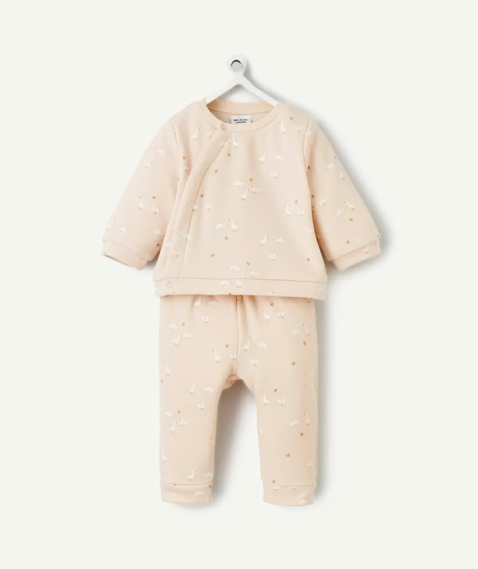 Sweat pressionné naissance en fibres recyclées rose poudré imprimé oies