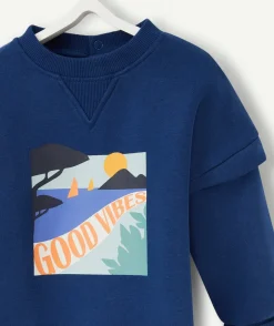 Sweat évolutif bleu marine en fibres recyclées avec floquage plage