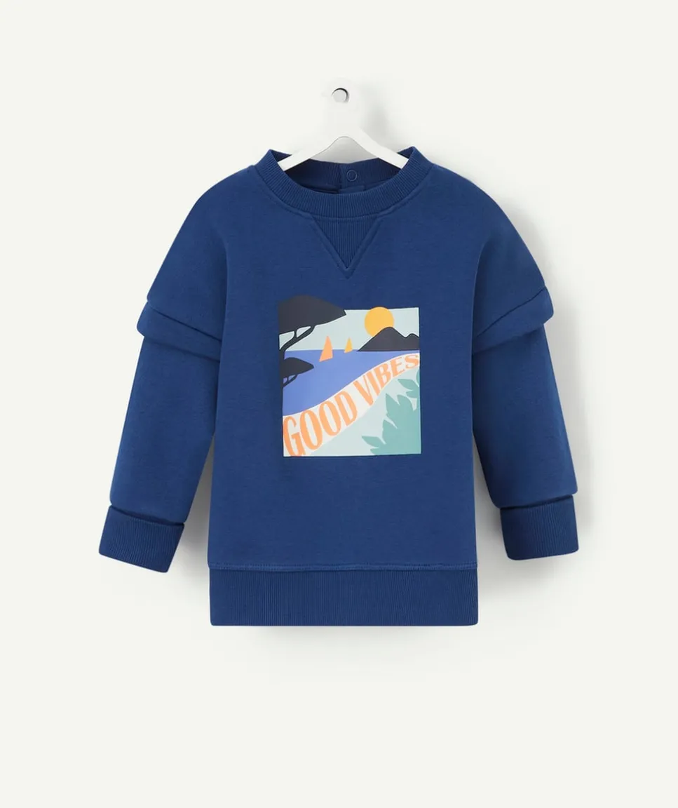 Sweat évolutif bleu marine en fibres recyclées avec floquage plage