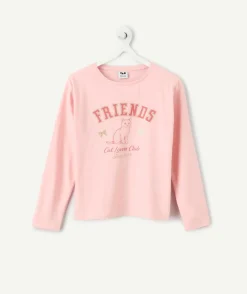 Tee-shirt fille rose imprimé chat