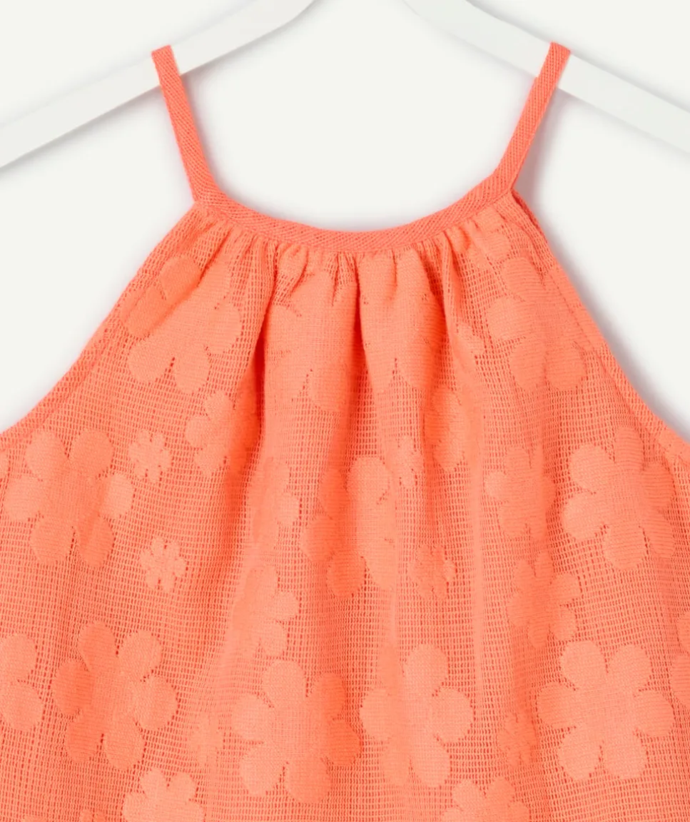 Top fille broderie couleur corail