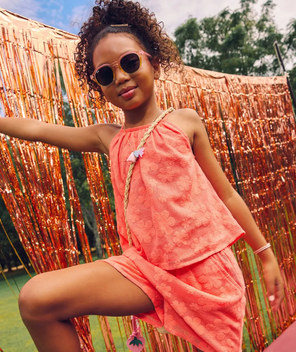 Top fille broderie couleur corail