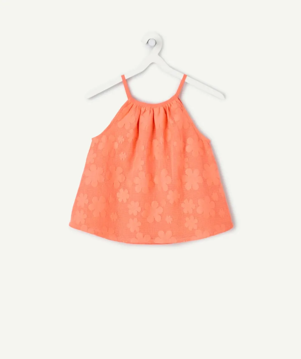 Top fille broderie couleur corail