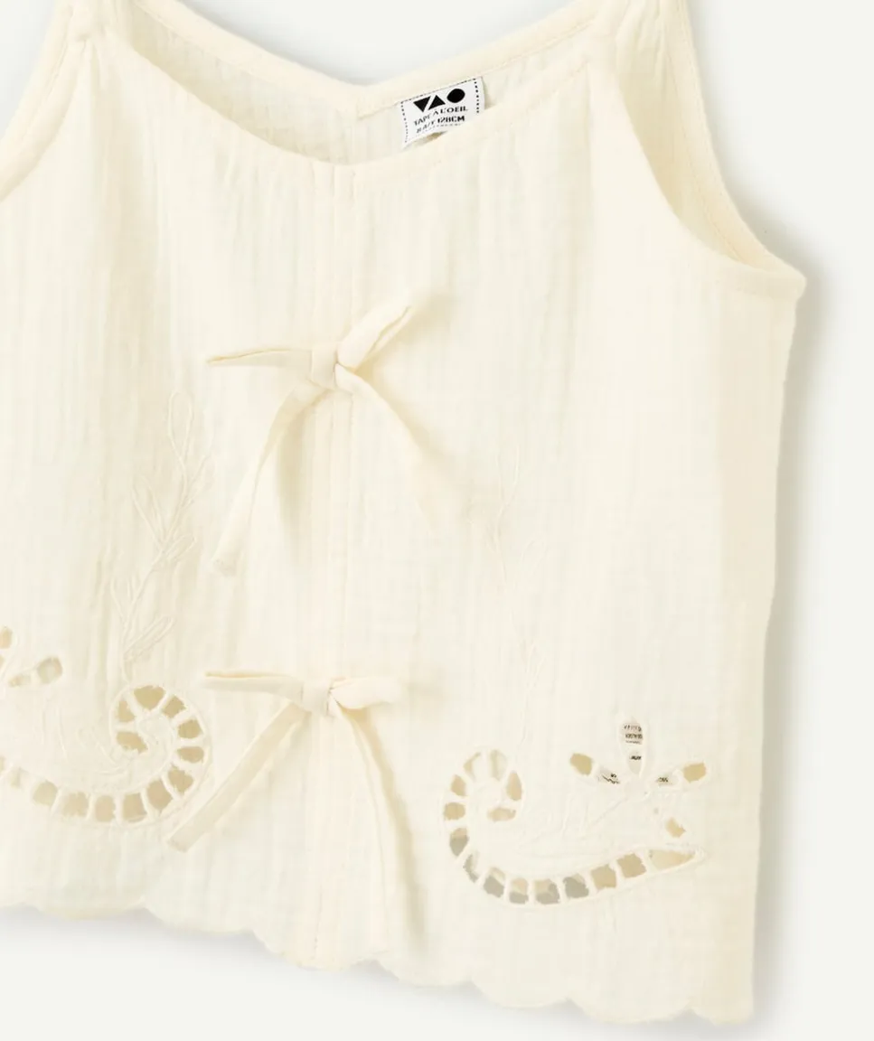 Top fille coton blanc broderie ajourée