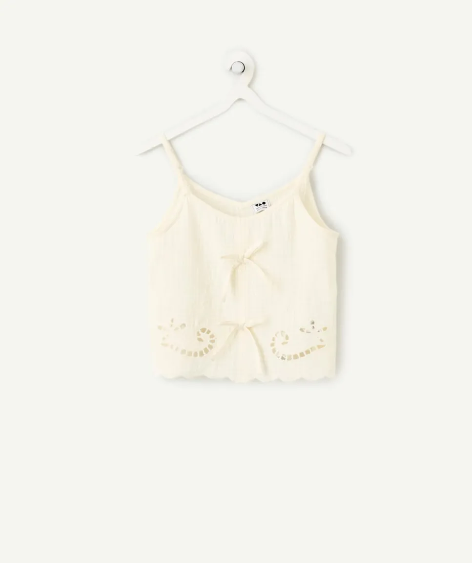 Top fille coton blanc broderie ajourée