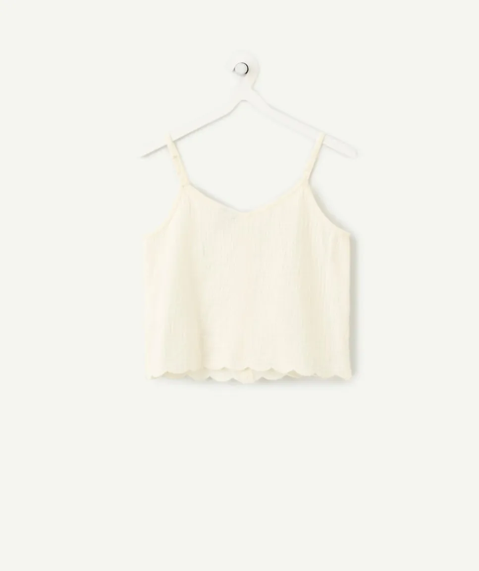 Top fille coton blanc broderie ajourée