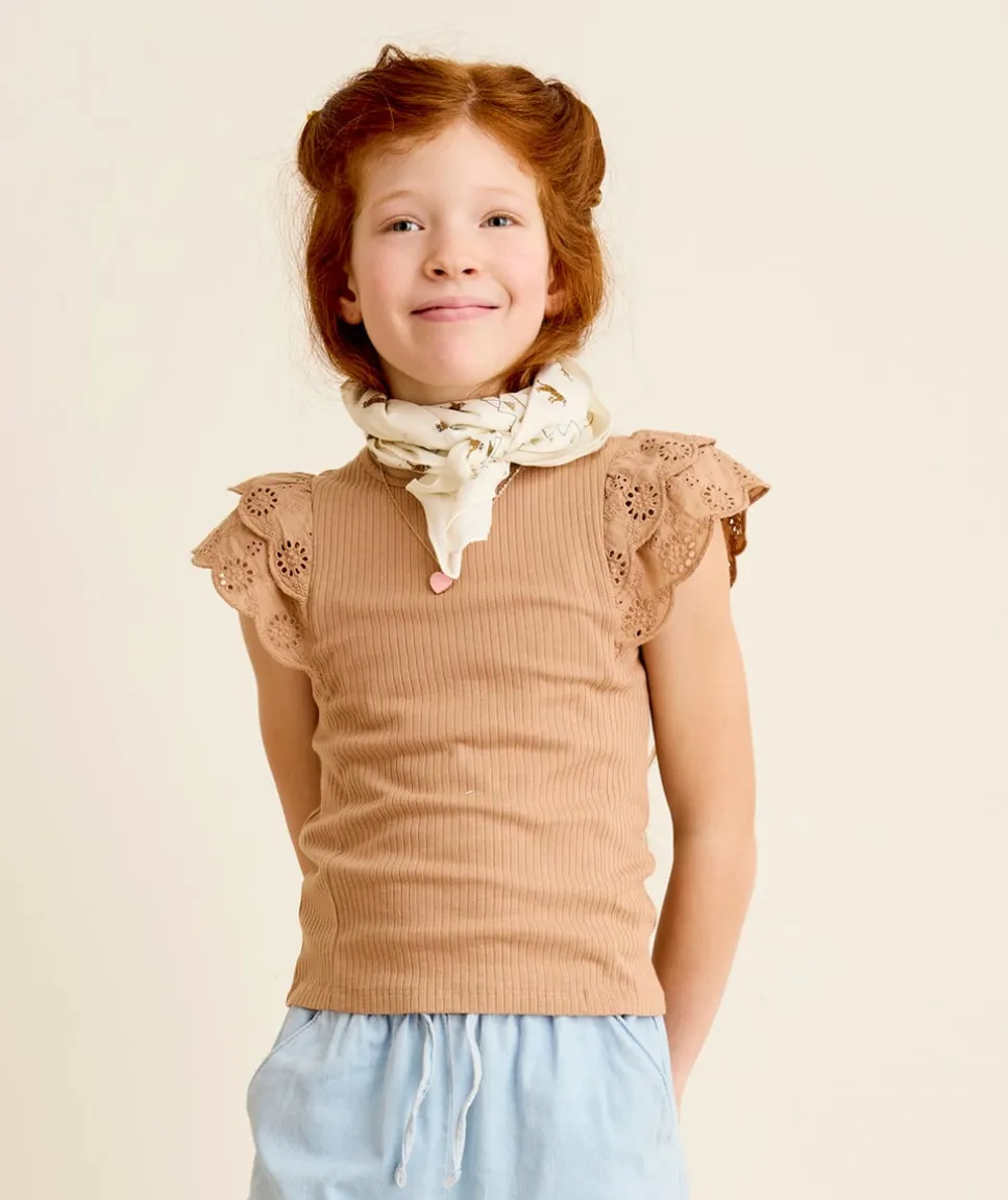 Top fille manches broderies beige