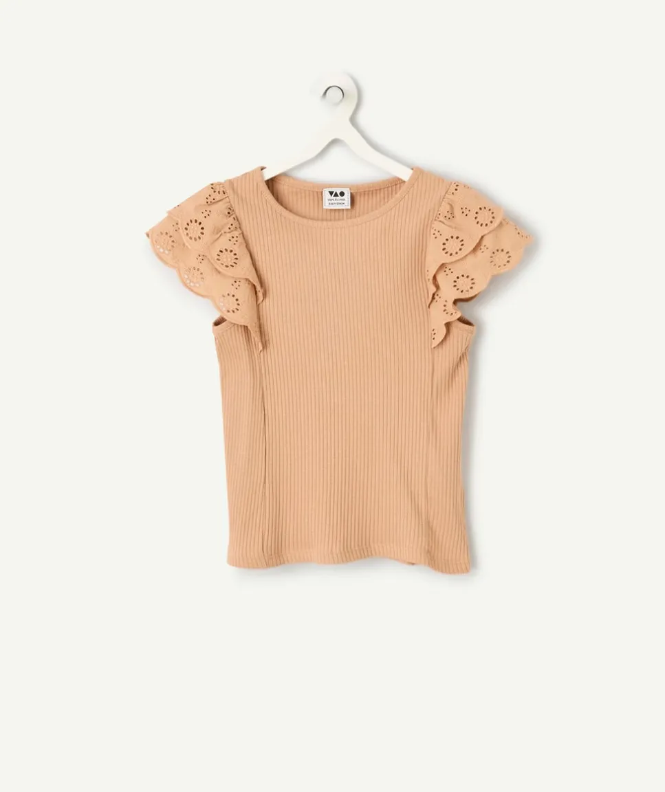 Top fille manches broderies beige