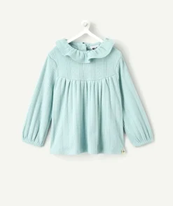 T-shirt bébé fille ajouré bleu à col volanté