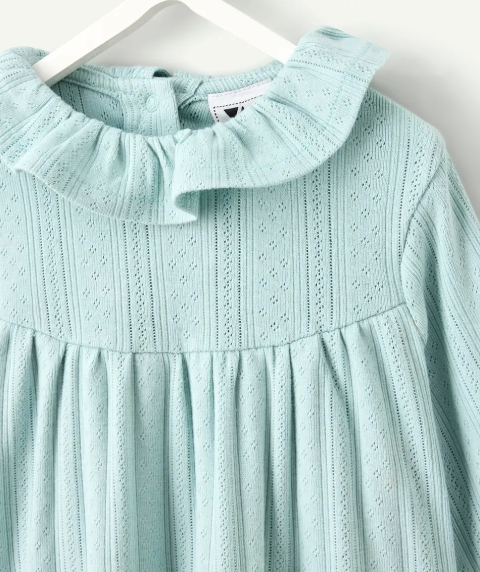 T-shirt bébé fille ajouré bleu à col volanté