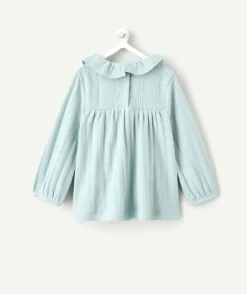 T-shirt bébé fille ajouré bleu à col volanté