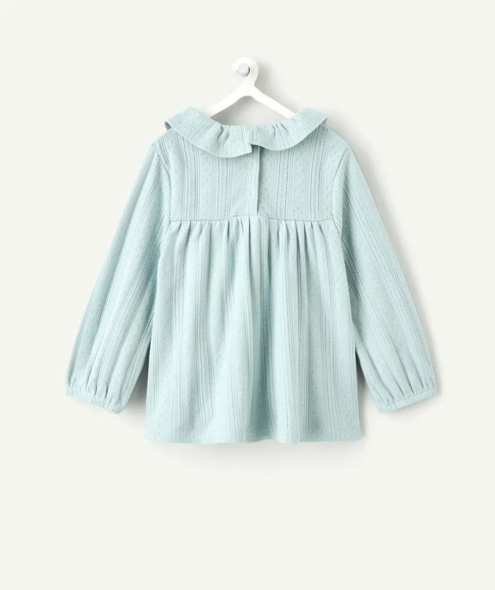 T-shirt bébé fille ajouré bleu à col volanté