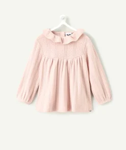 T-shirt bébé fille ajourée rose à col volanté