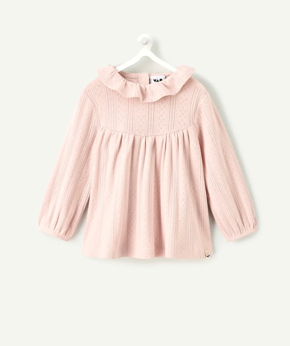 T-shirt bébé fille ajourée rose à col volanté