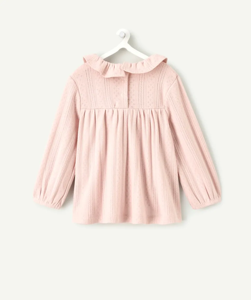 T-shirt bébé fille ajourée rose à col volanté