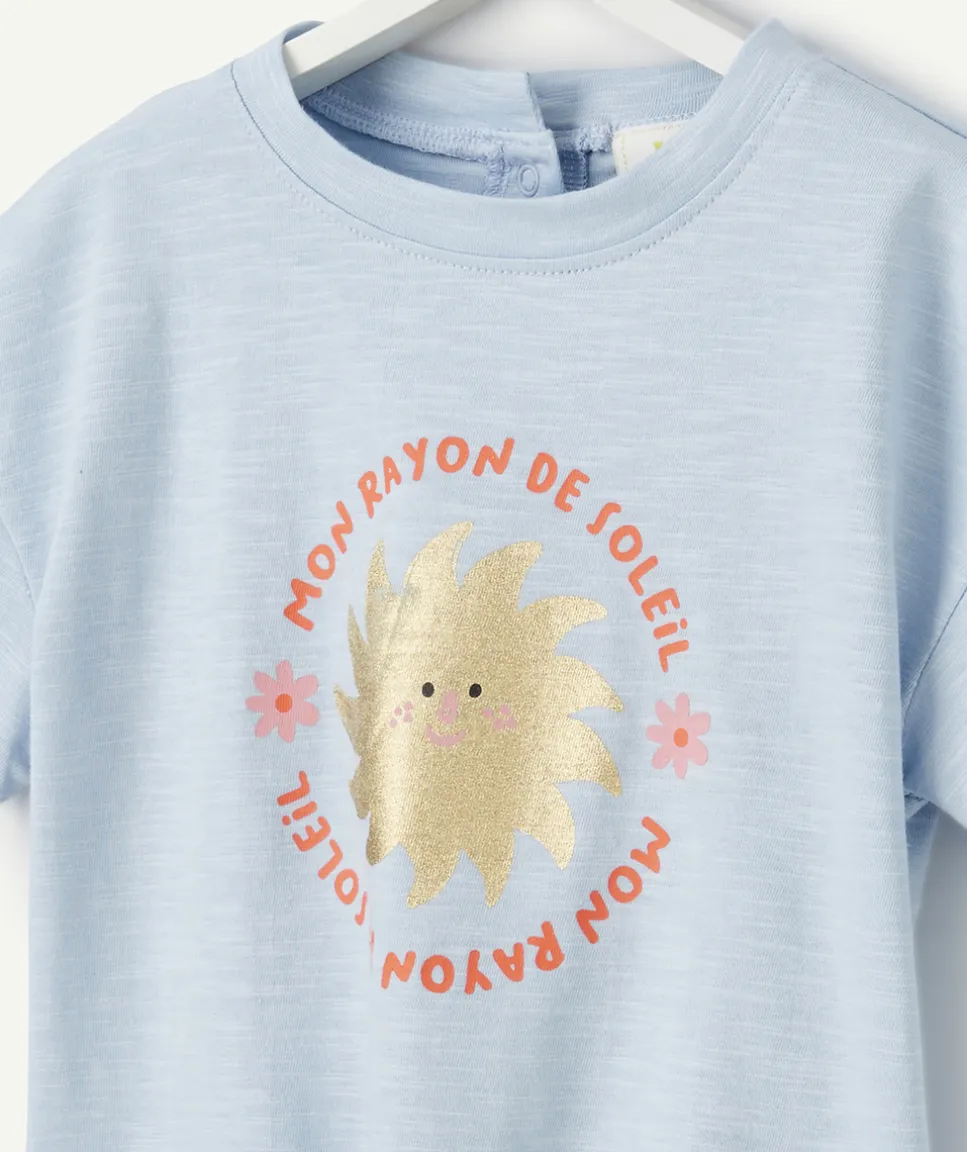 T-shirt bébé fille bleu avec message couleur dorée et pailletée