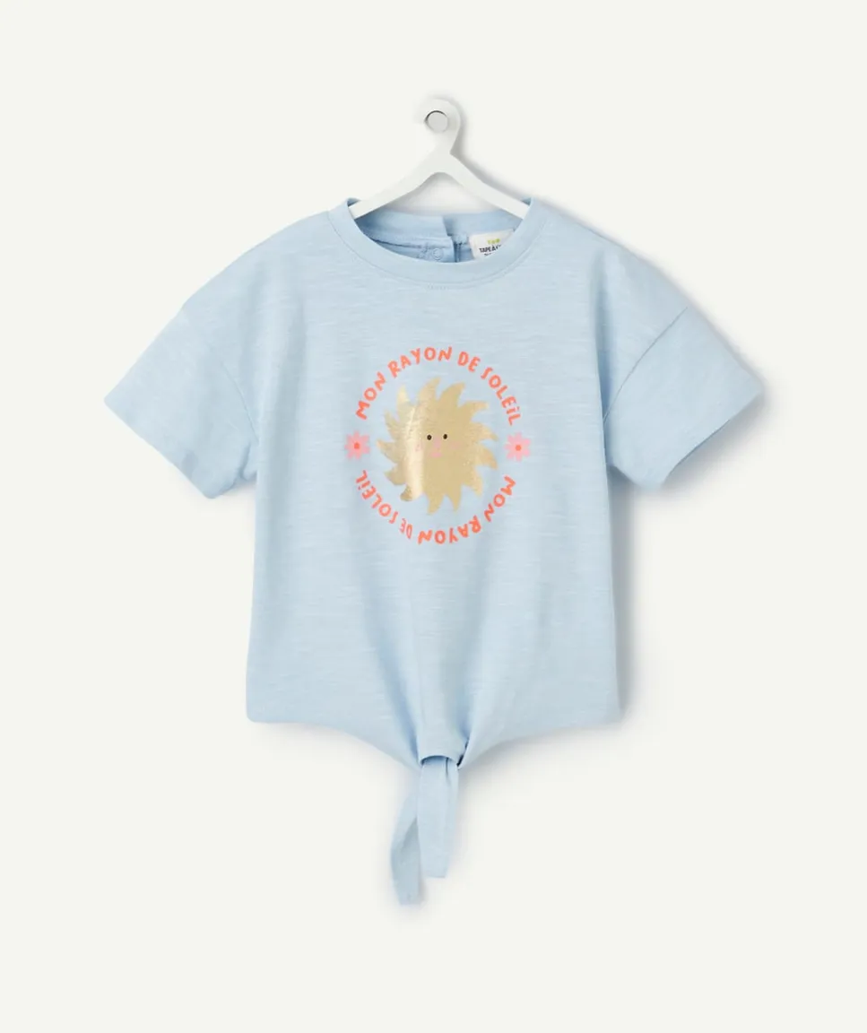 T-shirt bébé fille bleu avec message couleur dorée et pailletée