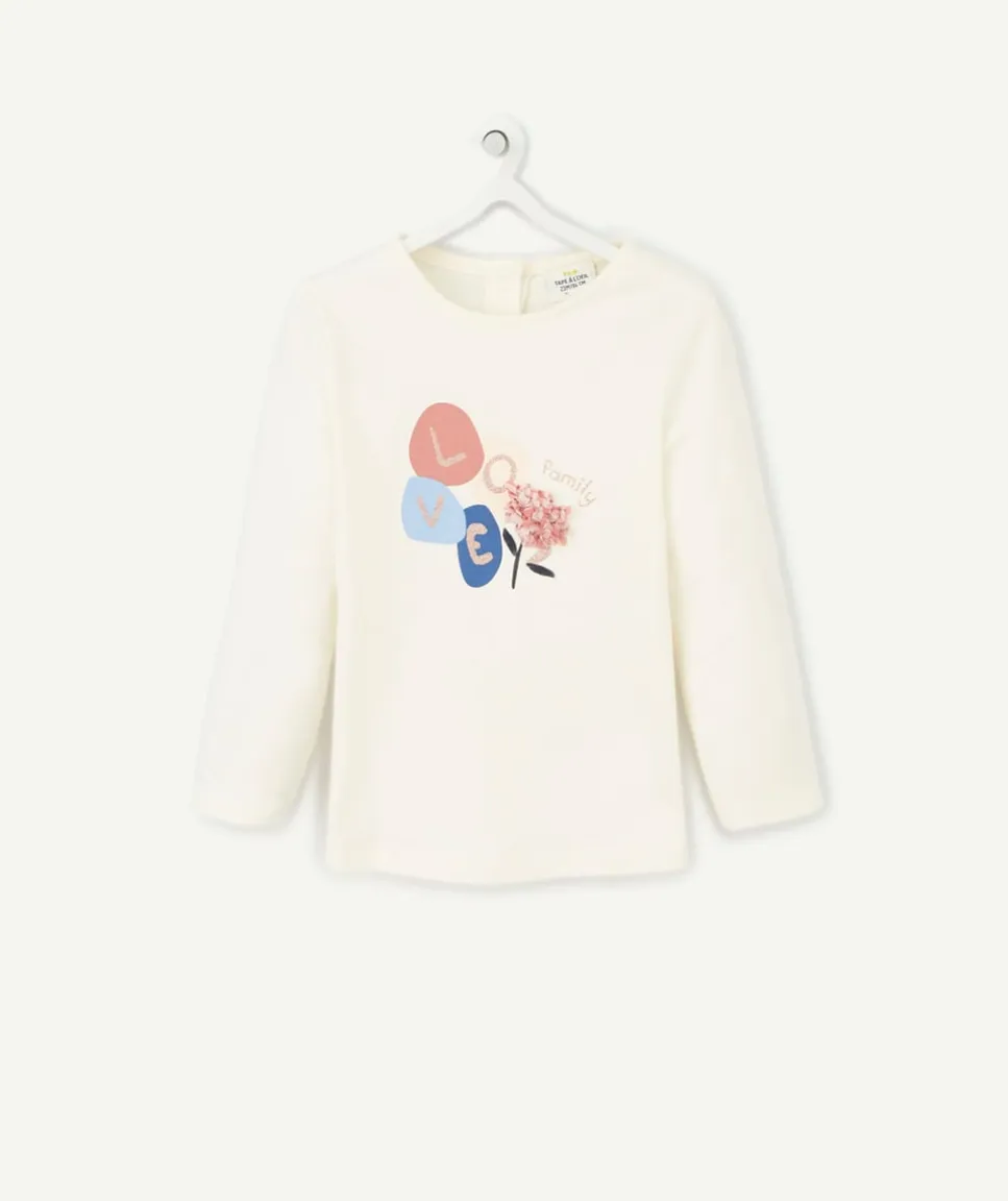 T-shirt bébé fille en coton bio avec messagelove et fleur relief