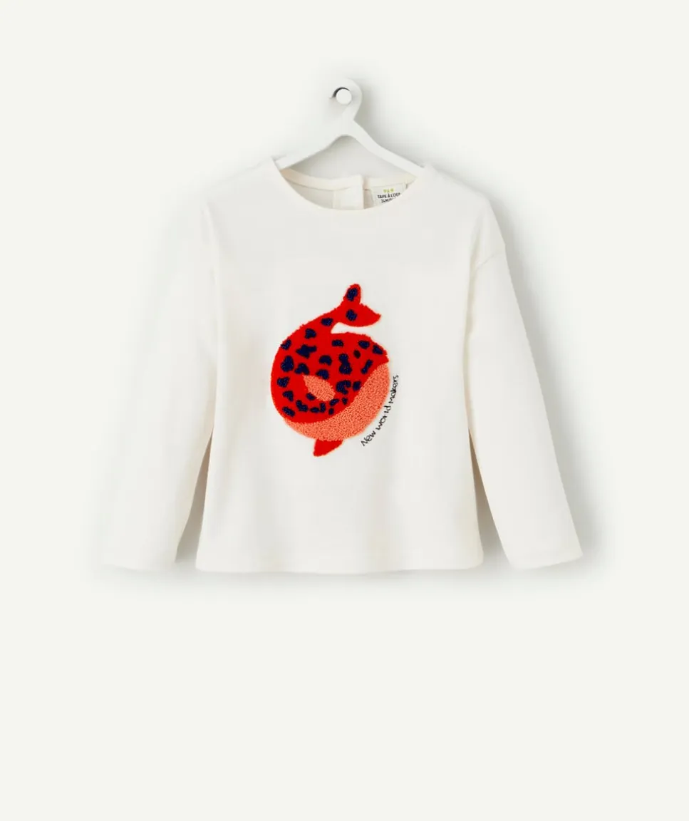 T-shirt bébé fille en coton bio écru avec baleine en bouclette