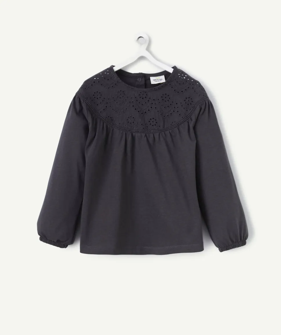 T-shirt bébé fille en coton bio gris foncé et broderies anglaise
