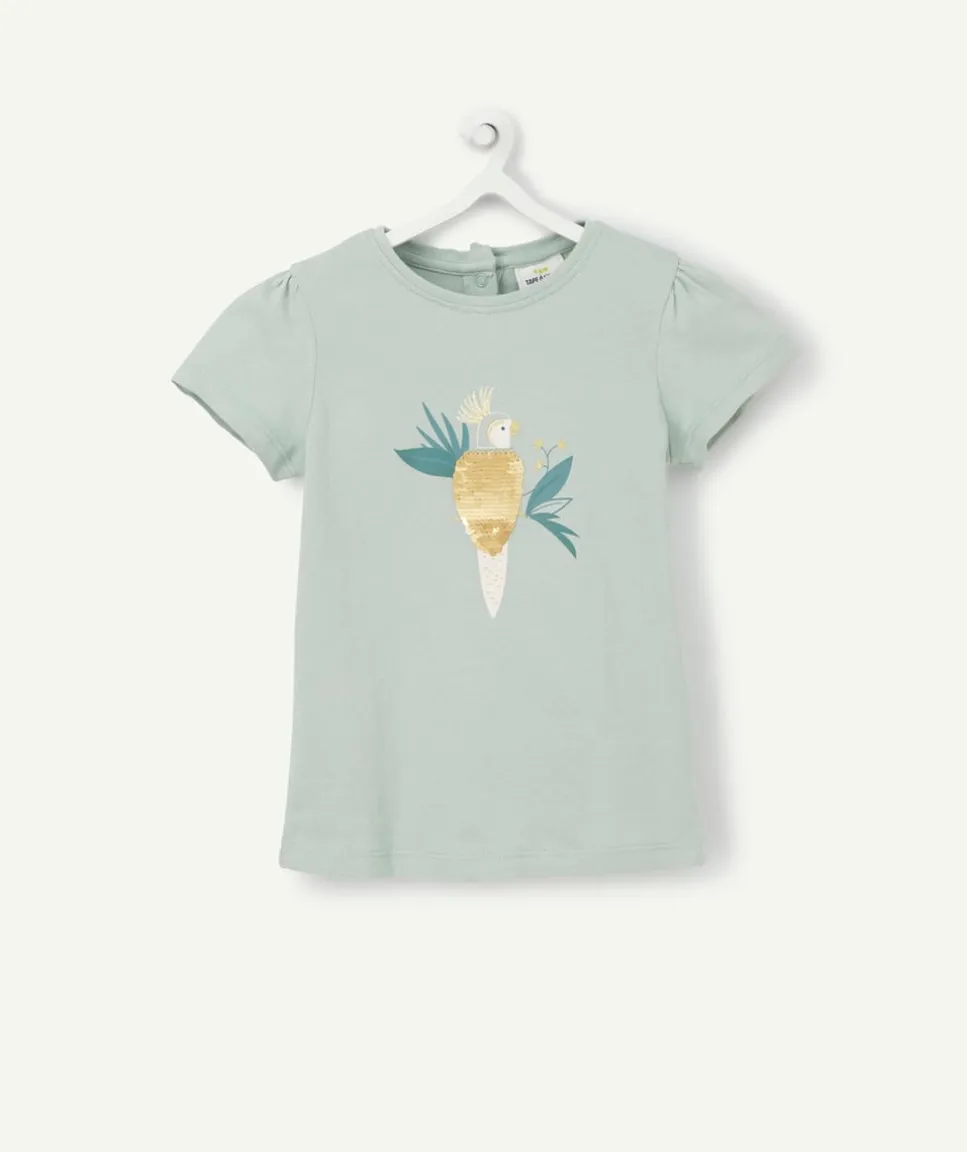 T-shirt bébé fille en coton biologique vert avec oiseau à sequins