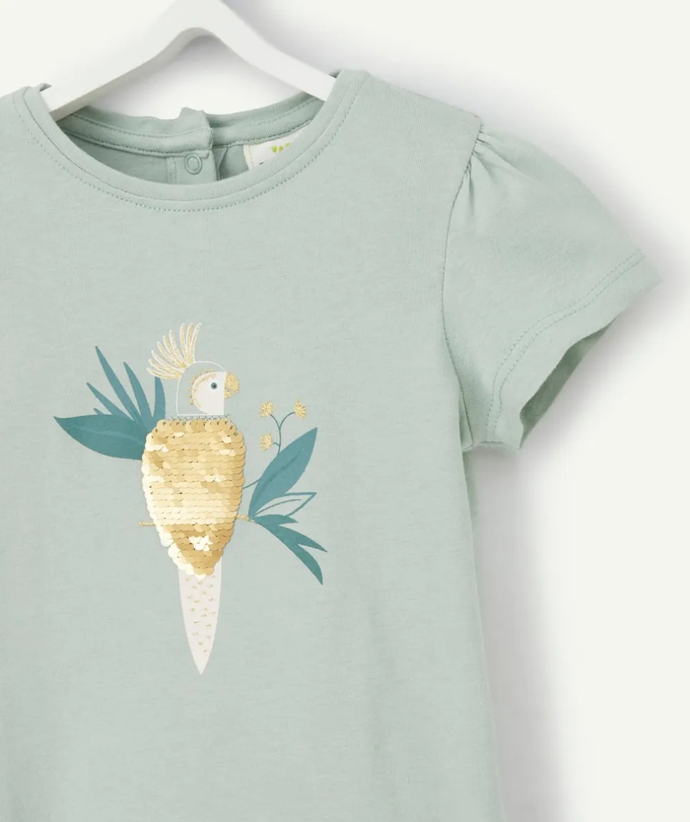 T-shirt bébé fille en coton biologique vert avec oiseau à sequins
