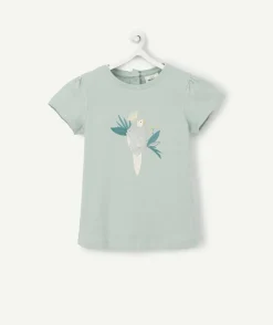 T-shirt bébé fille en coton biologique vert avec oiseau à sequins