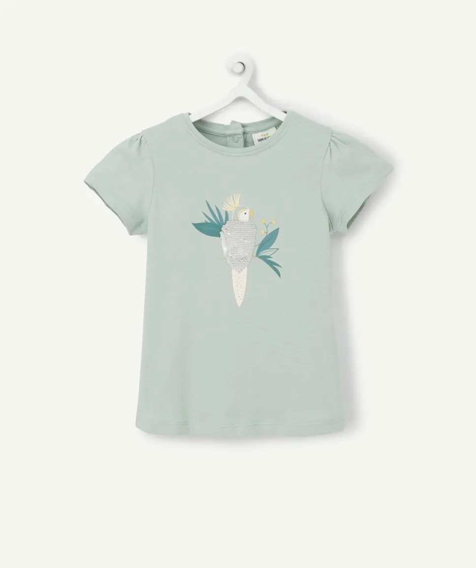 T-shirt bébé fille en coton biologique vert avec oiseau à sequins