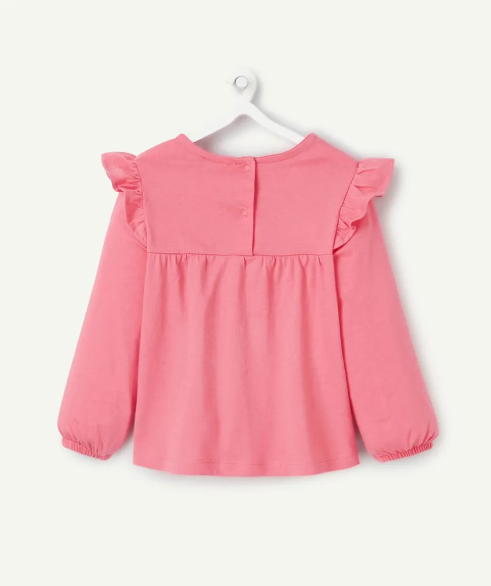 T-shirt bébé fille en coton bio rose avec broderies et volants