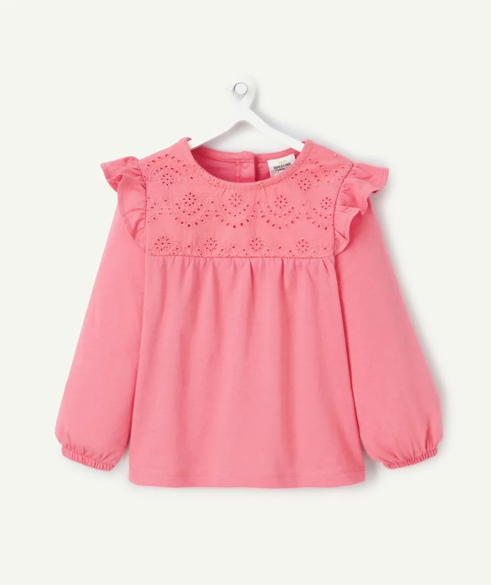 T-shirt bébé fille en coton bio rose avec broderies et volants