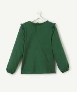 T-shirt bébé fille en coton bio vert avec broderies et volants