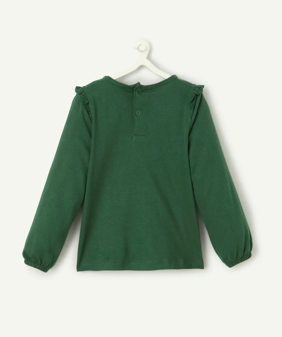 T-shirt bébé fille en coton bio vert avec broderies et volants