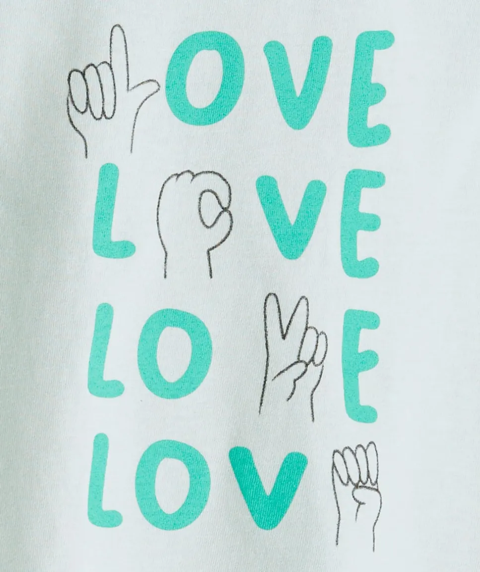T-shirt bébé fille en coton bio vert avec messages animés love