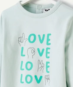 T-shirt bébé fille en coton bio vert avec messages animés love