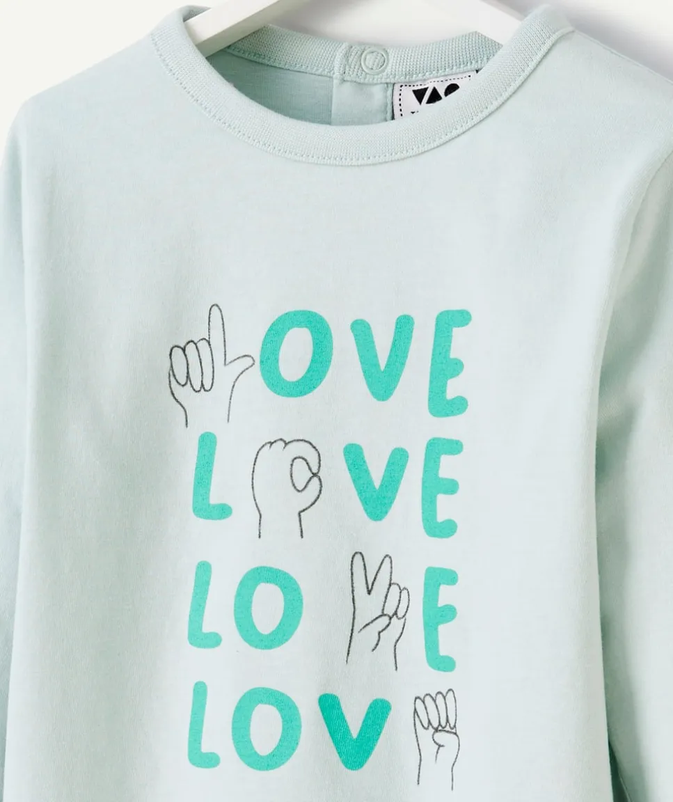 T-shirt bébé fille en coton bio vert avec messages animés love