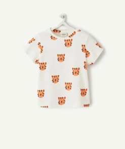 T-shirt bébé garçon en coton bio blanc imprimé tigres oranges