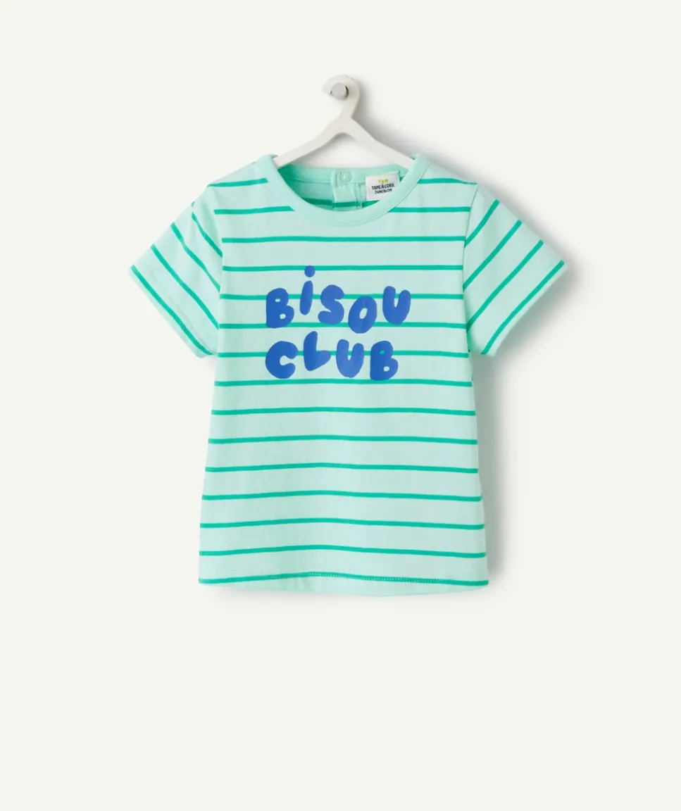 T-shirt bébé garçon en coton bio vert à rayures thème bisous