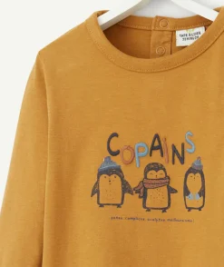 T-shirt bébé garçon en coton marron motifs pingouins et message