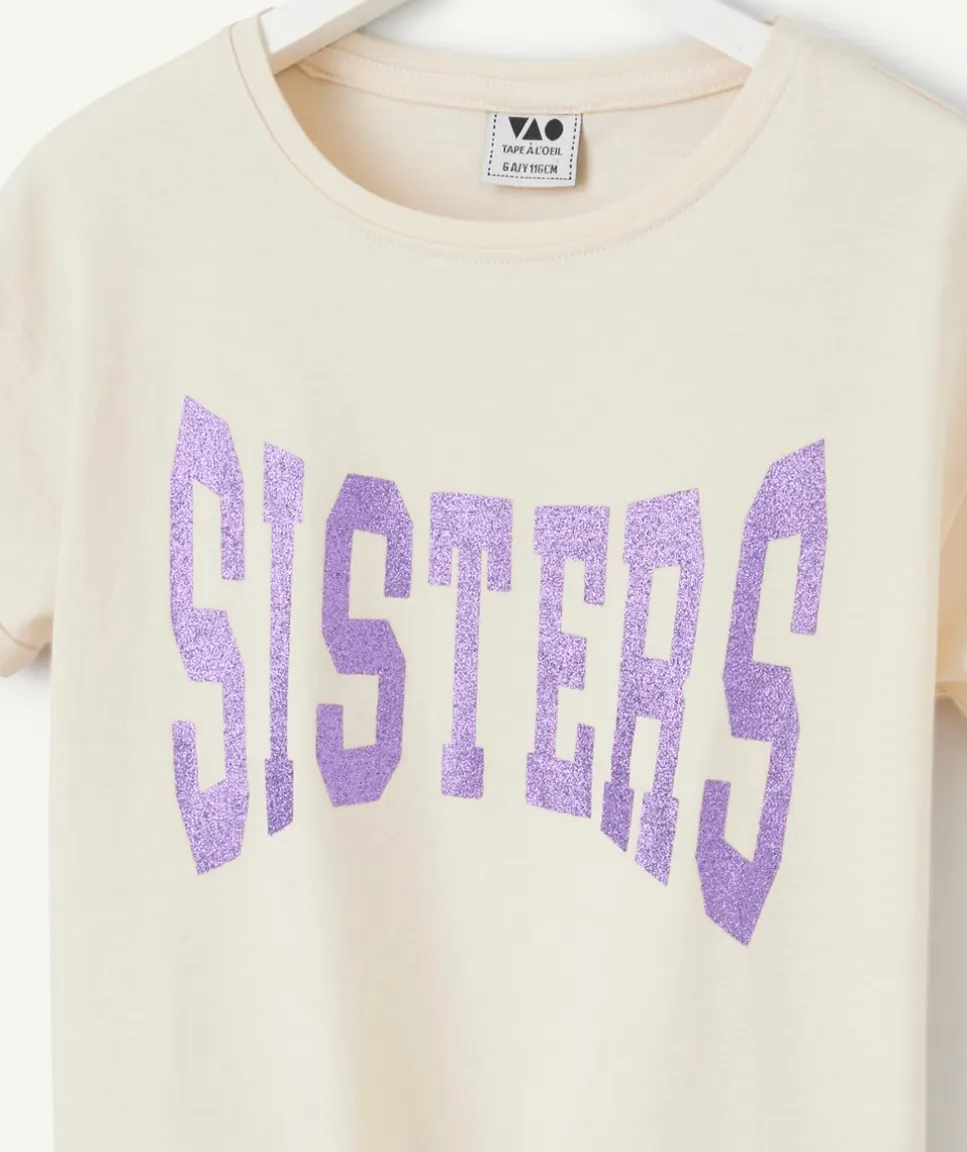 T-shirt écru avec noeud et écriture violette pour fille