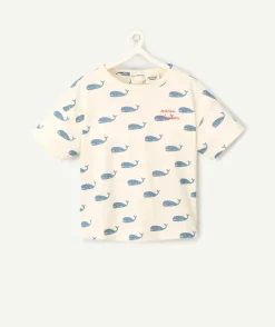 T-shirt écru motifs baleines et écriture pour bébé garçon