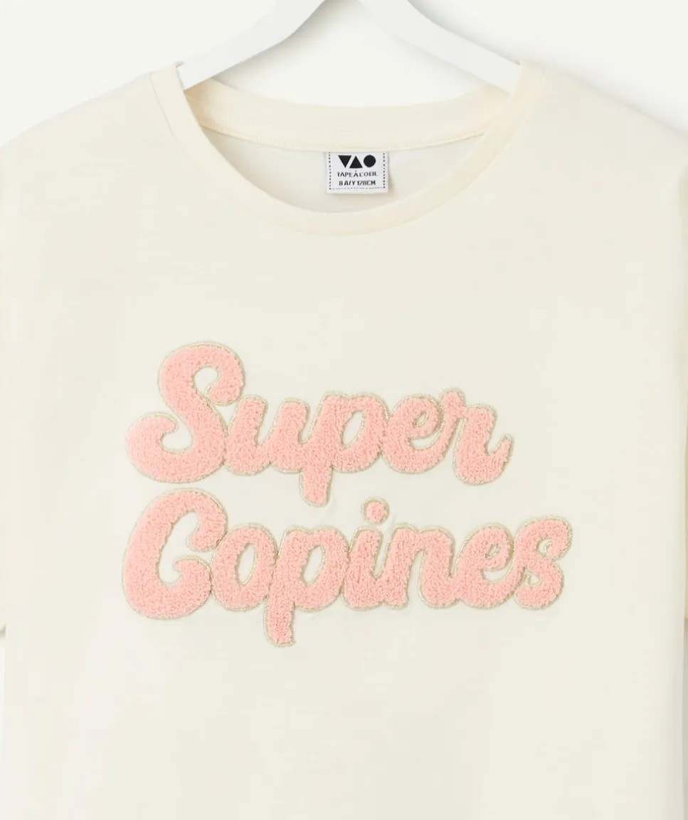 T-shirt fille blanc avec message brodé