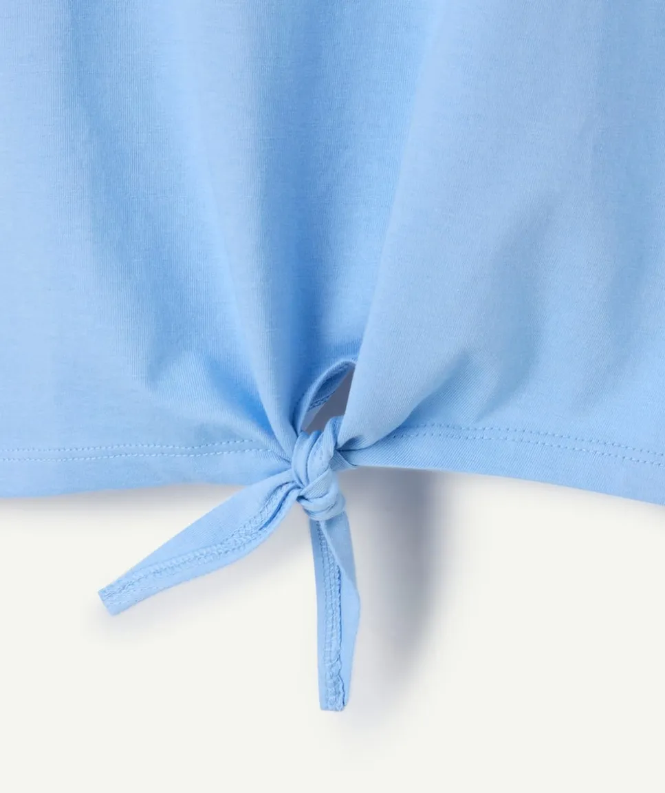 T-shirt fille coton bleu avec nœud