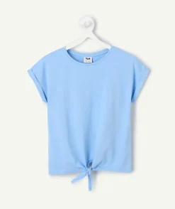 T-shirt fille coton bleu avec nœud