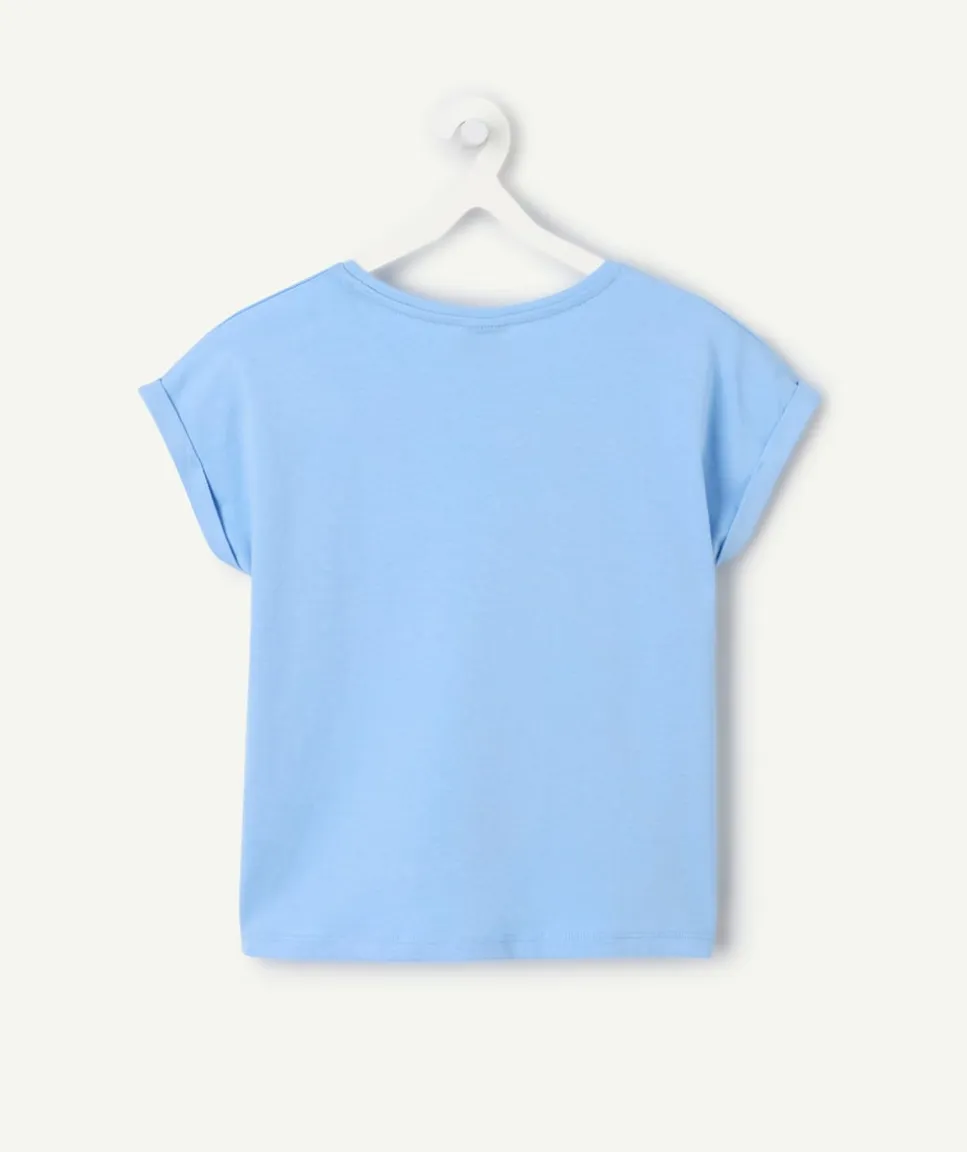 T-shirt fille coton bleu avec nœud