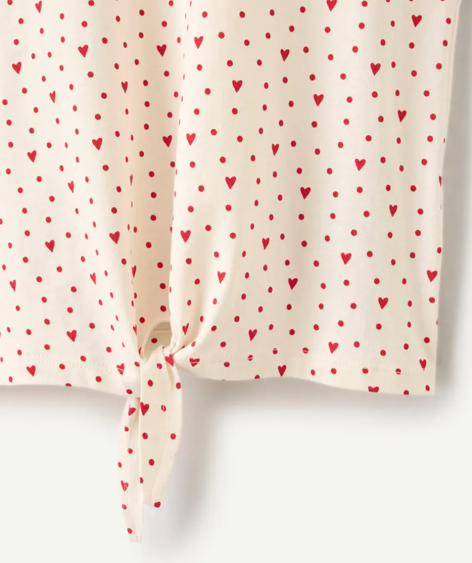 T-shirt fille coton imprimés cœur rouge avec nœud