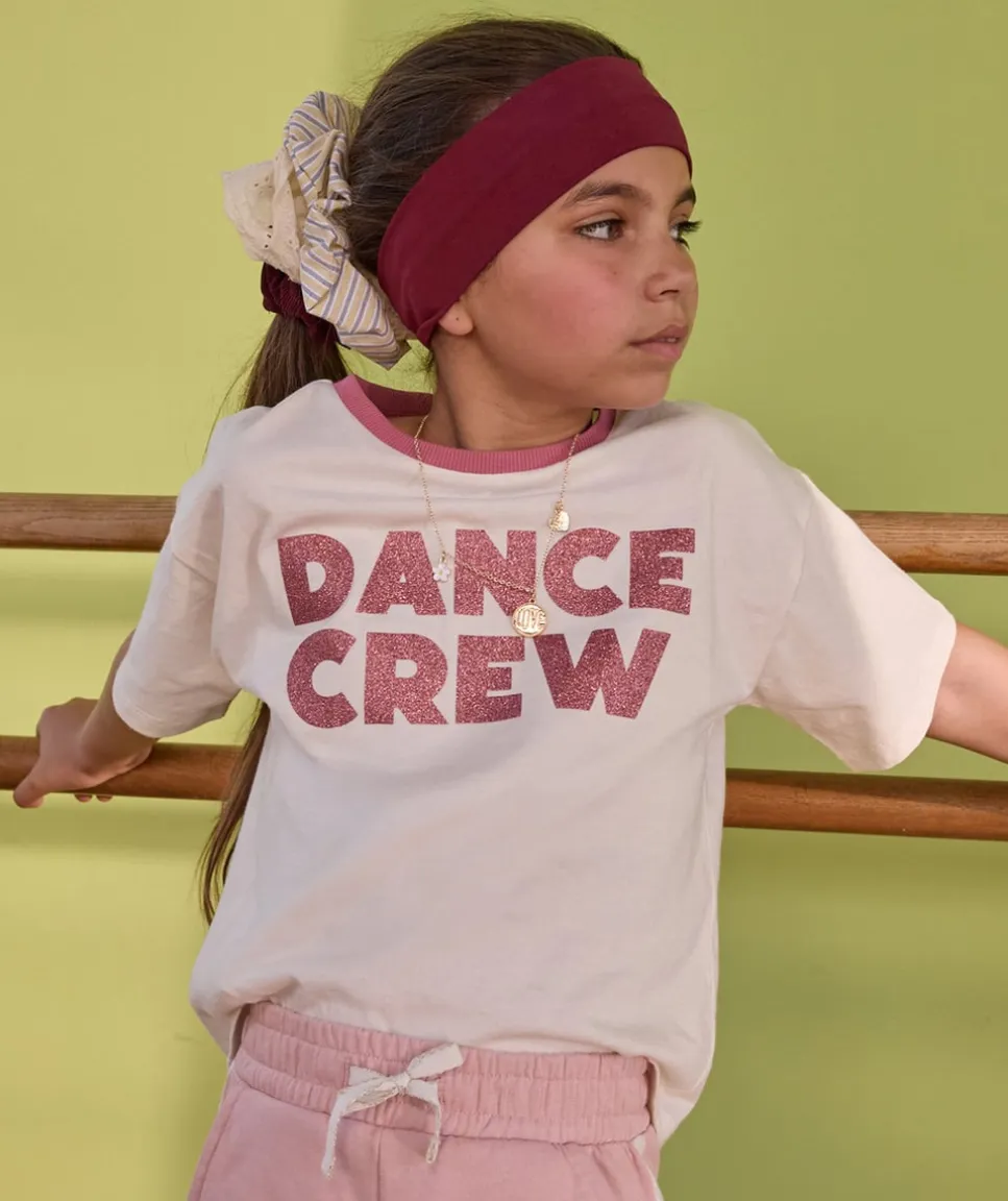T-shirt fille crème message pailleté col contrasté