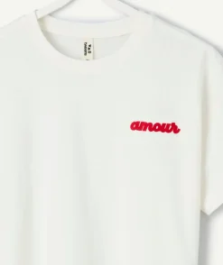 T-shirt fille droit blanc brodé