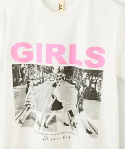 T-shirt fille droit écru imprimé